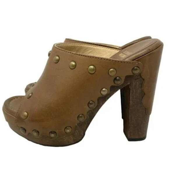 Stuart Weitzman Sequoia Brown Leather Studded Open Toe Wood Clogs - Size 6.5 - Picture 3 of 9